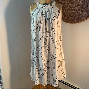 Bellambra White Halter Neckline Italian Linen Dress. Black Abstract Print